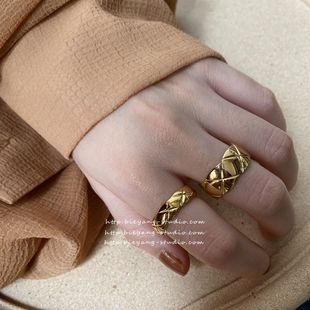 ins博主同款金色时髦指环复古小众菱形格子chic时尚百搭戒指