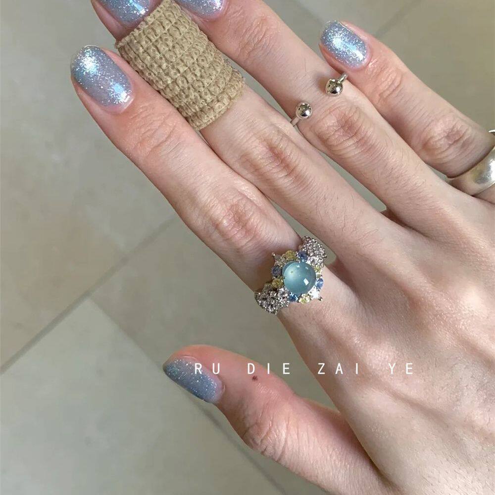 如蝶在野 夏沫~仲夏清凉冰薄荷锆石戒指轻奢清冷高级感镂空开口戒