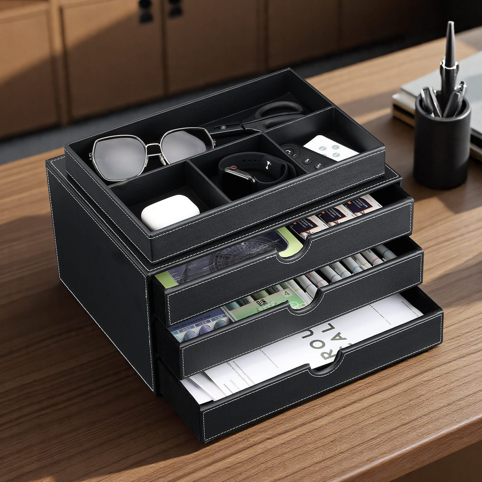 办公桌面文件柜资料柜矮柜抽屉式档案皮革柜办公家具A4移动收纳柜