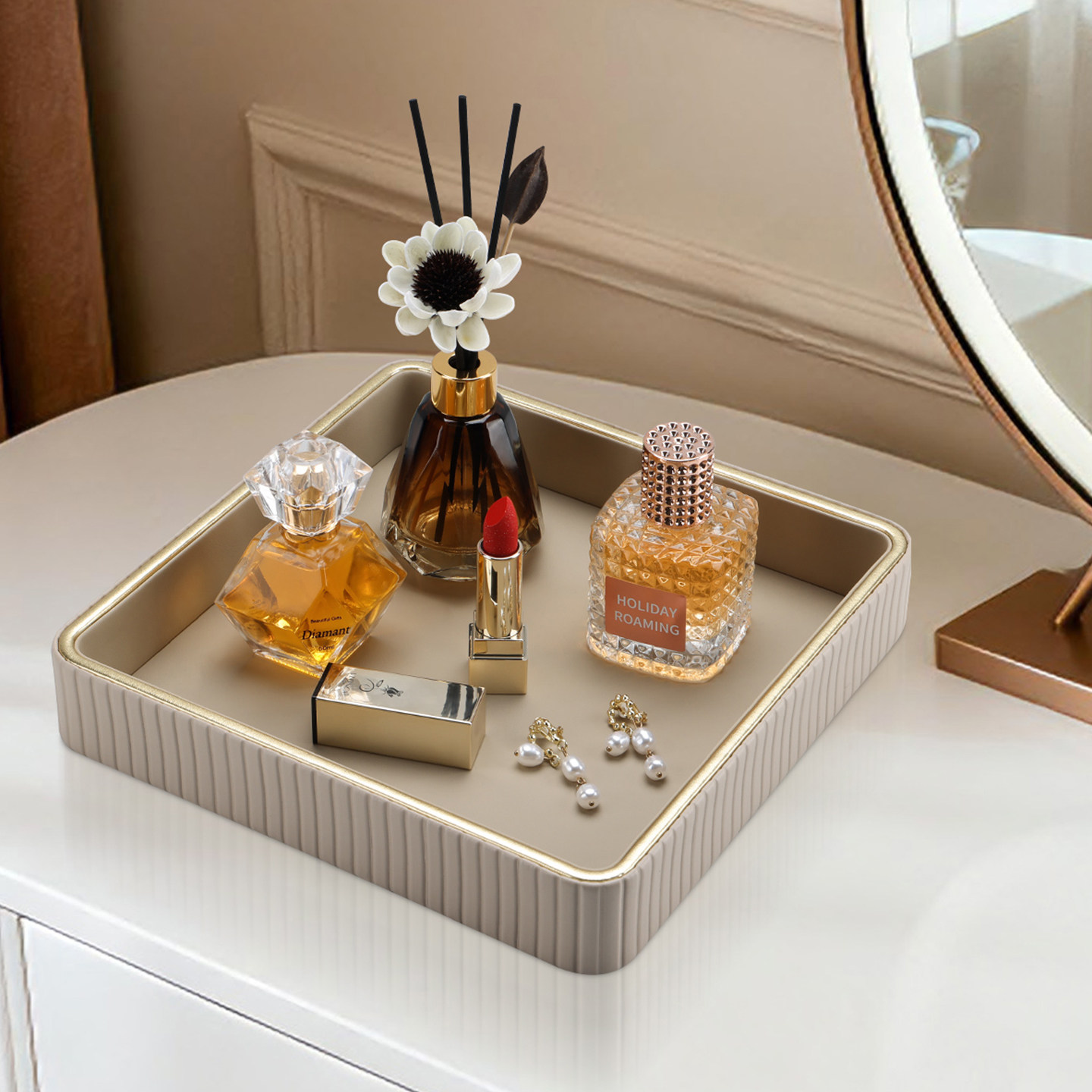 轻奢风竖纹金边托盘家用梳妆台化妆品置物盘高级感玄关桌面收纳盘,收纳整理,收纳盘,淘宝优惠券,粉丝福利购,淘宝优惠卷