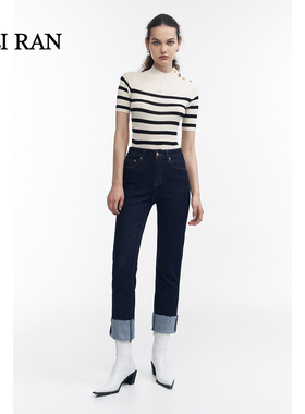 【断码 合适拍】未染62080高腰翻边直筒牛仔裤女复古深蓝色弹力