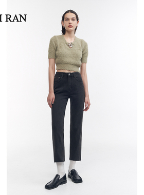 未染81182灰色直筒牛仔裤女毛边宽松显瘦弹力水洗不易掉色烟管裤