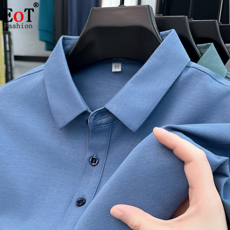 中年男100%丝光棉长袖T恤翻领宽松商务休闲液氨纯棉爸爸纯色体恤