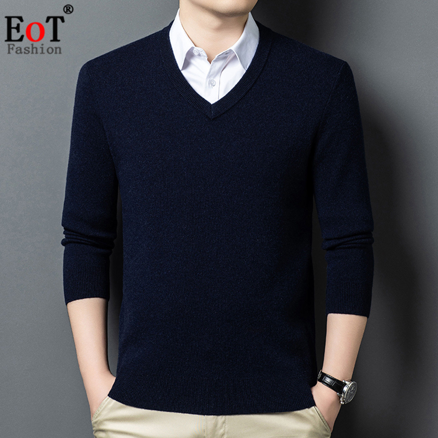 秋冬季中年男士加厚保暖V领纯羊毛衫鸡心领爸爸装四平针织衫毛衣