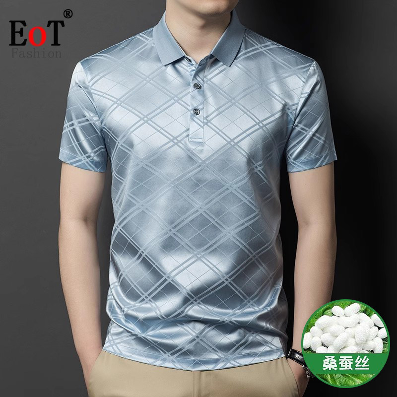 高档真丝短袖T恤中年男士翻领休闲丝绸缎爸爸装桑蚕丝半袖体恤衫