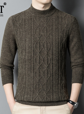 秋冬新款加厚保暖羊毛衫中年男士半高圆领爸爸装纯色提花针织毛衣