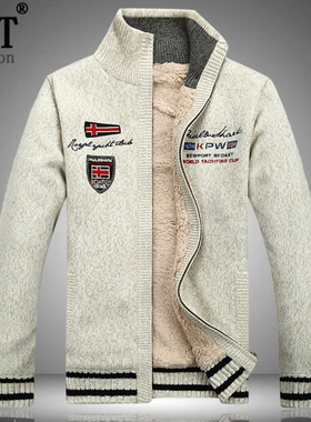 冬装新款加绒加厚开衫毛衣男外套立领宽松拉链保暖休闲针织毛线衣