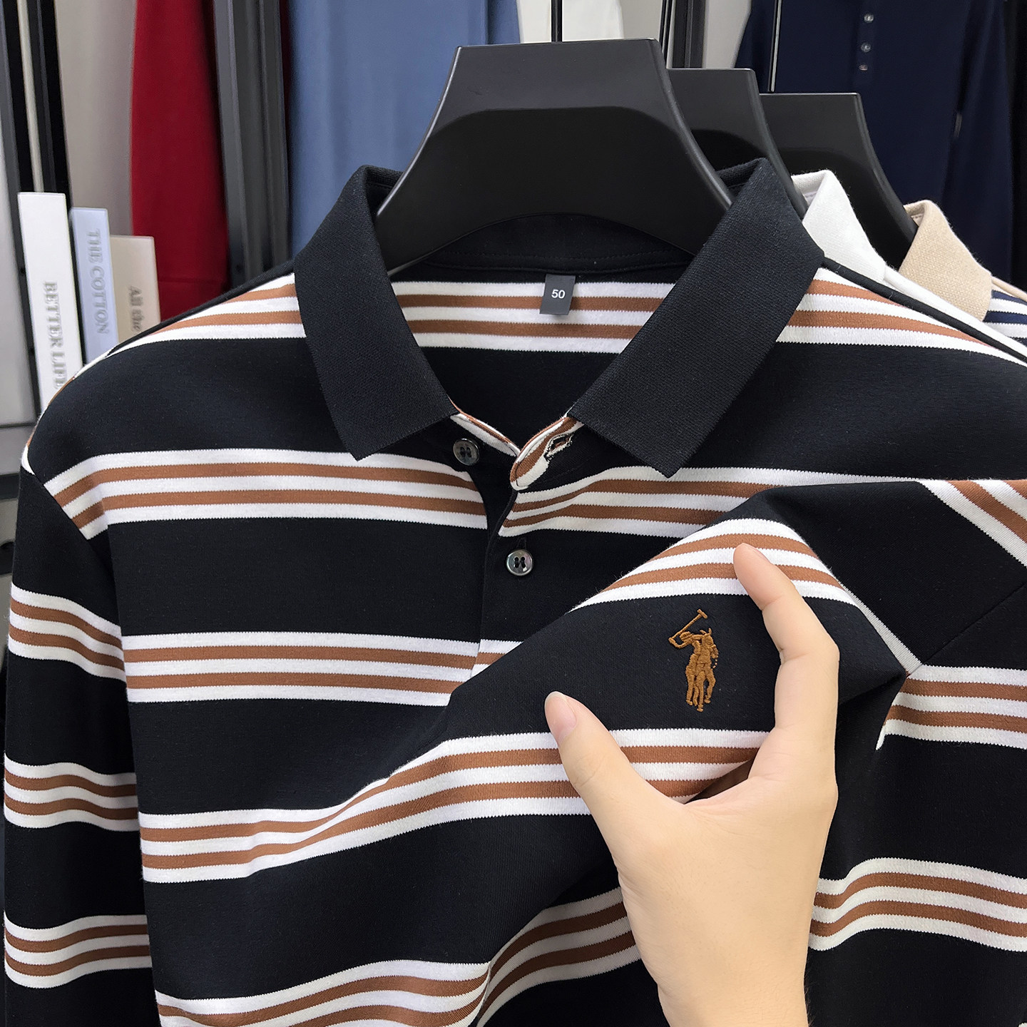 纯棉长袖T恤男士翻领宽松休闲条纹POLO衫爸爸装绣标体恤衫春秋装