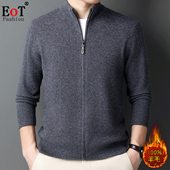 拉链中年休闲针织衫 冬季 毛衣 加厚保暖爸爸装 开衫 男士 100%纯羊毛衫