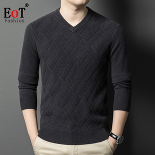 秋冬中年男士V领套头100%纯羊毛衫加厚保暖鸡心领爸爸装针织毛衣