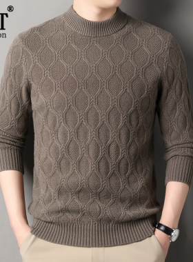秋冬新款中年男士100%纯羊毛衫加厚保暖半高圆领爸爸装针织毛衣潮