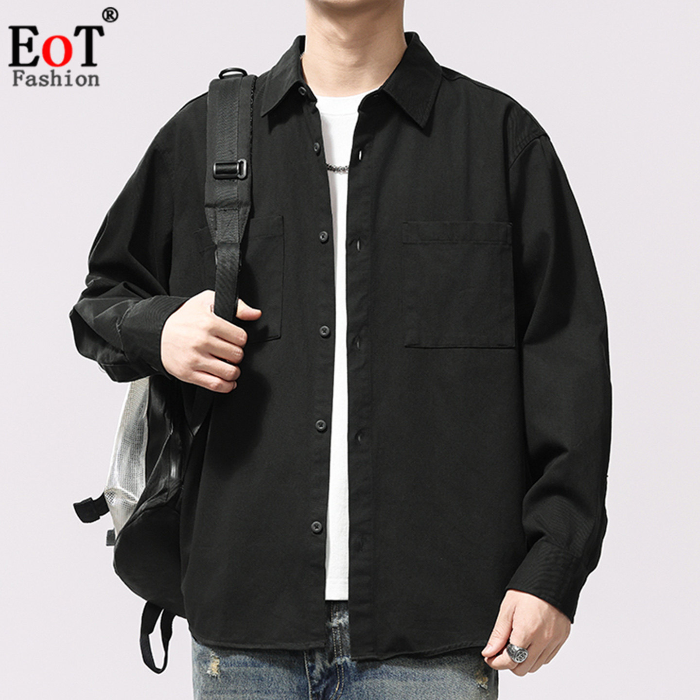 春装新款男士纯棉长袖衬衫翻领工装衬衣休闲风宽松大口袋全棉免烫