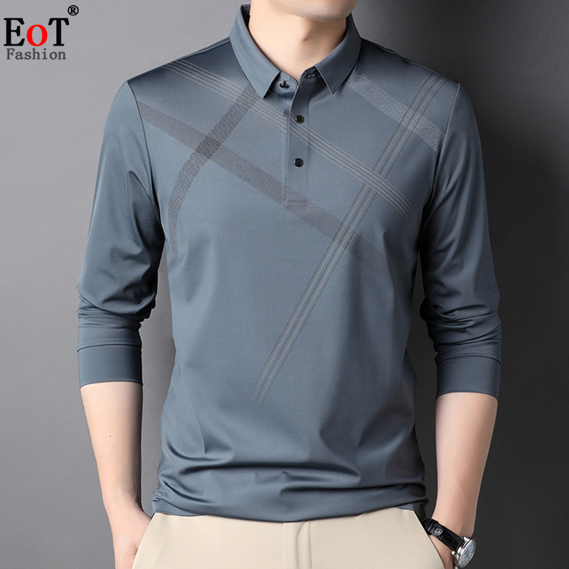 中年男士免烫无痕冰丝薄款长袖T恤翻领宽松商务休闲爸爸滑料体恤