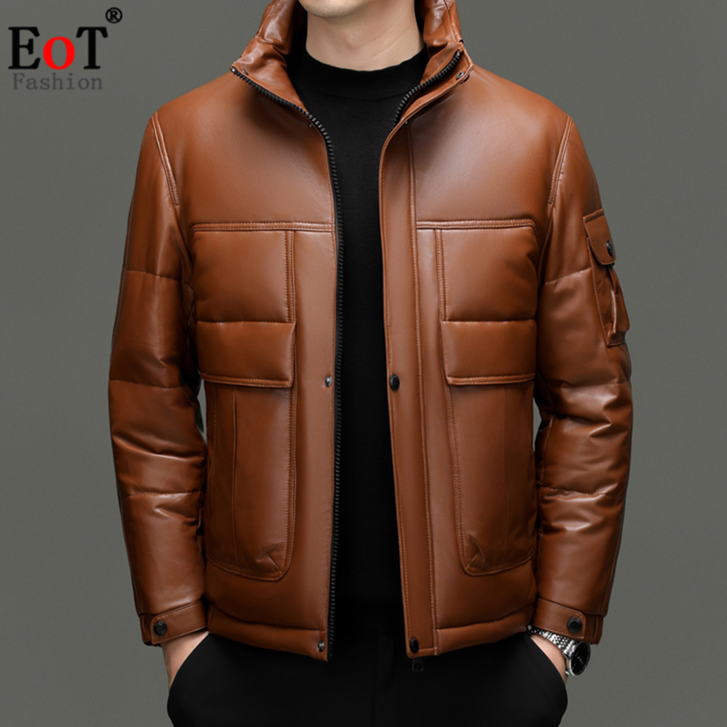 真皮皮衣男立领白鸭绒羽绒服外套