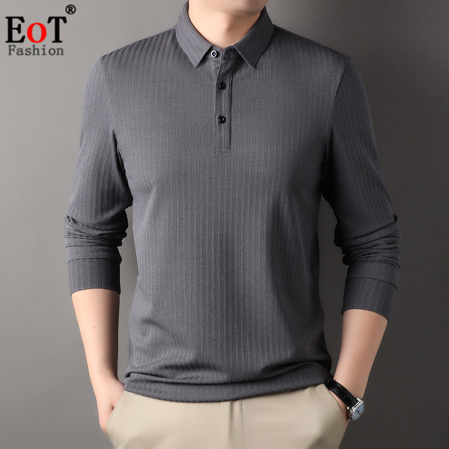 春装新款中年男士翻领长袖T恤宽松休闲针织提花免烫爸爸装体恤衫