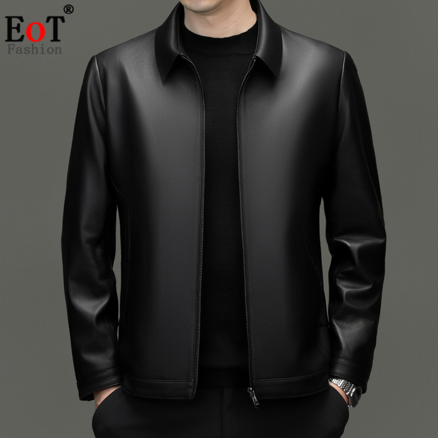 海宁真皮皮衣男翻领商务休闲绵羊皮外套高端机车服爸爸通勤皮夹克