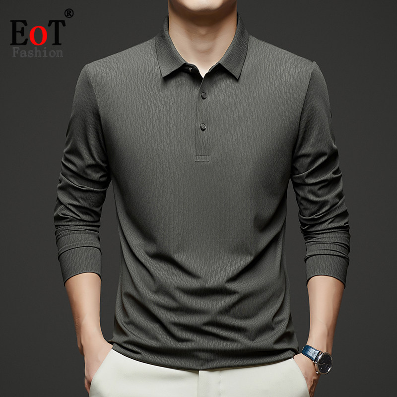 春夏中年男士冰丝无痕长袖T恤翻领宽松休闲滑料免烫爸爸装体恤衫