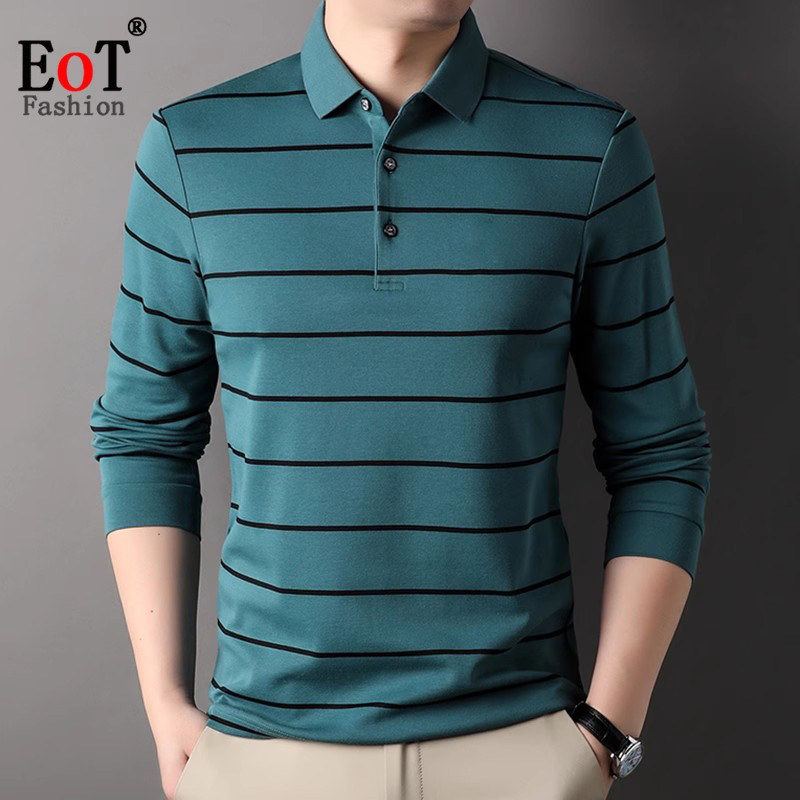 丝光棉长袖T恤男士翻领宽松休闲条纹POLO衫春秋百搭商务打底体恤