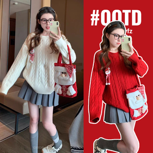红色圣诞圆领毛衣慵懒复古宽松针织衫 加厚孕妇装 上衣 冬季 2025款