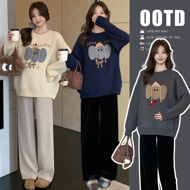 2025秋冬新款孕妇韩版套头大象提花毛衣软糯慵懒可爱风宽松上衣