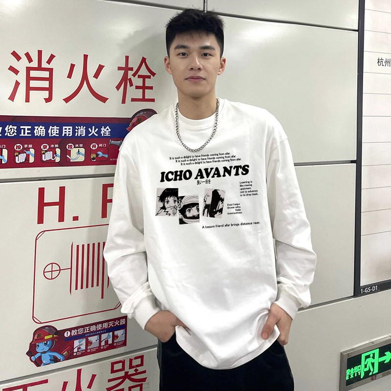 潮牌涂鸦字母印花重磅纯棉潮男秋季长袖t恤美式宽松圆领打底衫ins