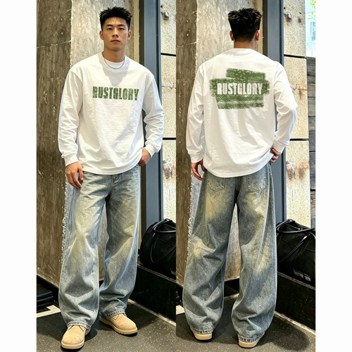 美式复古字母印花纯棉长袖T恤男