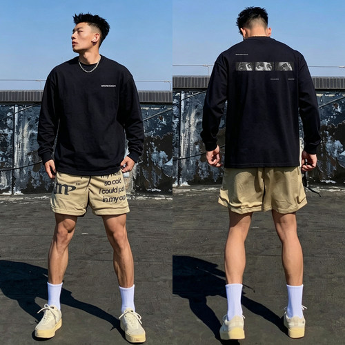 美式人像字母印花重磅纯棉长袖男
