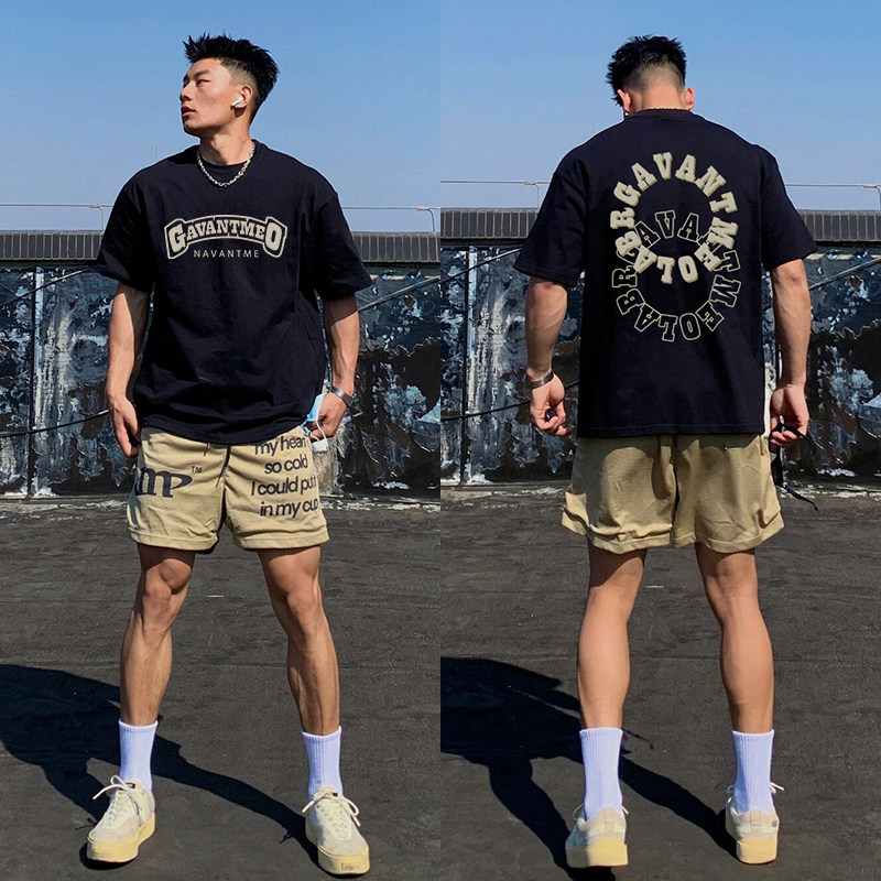 欧美街头风双圈字母印花重磅纯棉T恤男潮牌嘻哈oversize潮流短袖