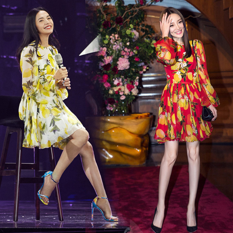 2018夏新款碎花裙女明星姚晨李小璐同款灯笼袖印花雪纺连衣裙子女