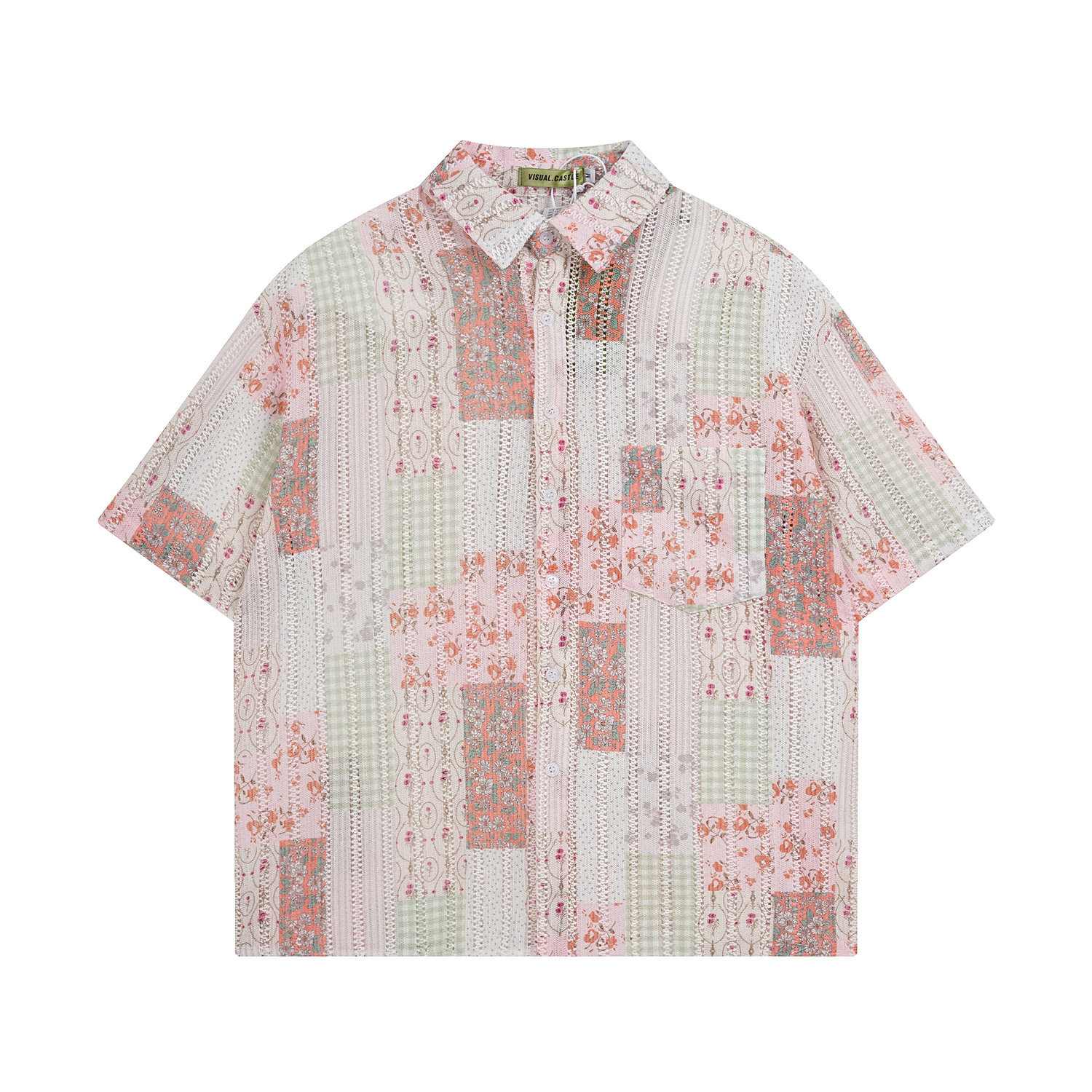 2026夏季高级感慵懒风透明镂空花朵短袖花衬衫宽松大码衬衣女上衣