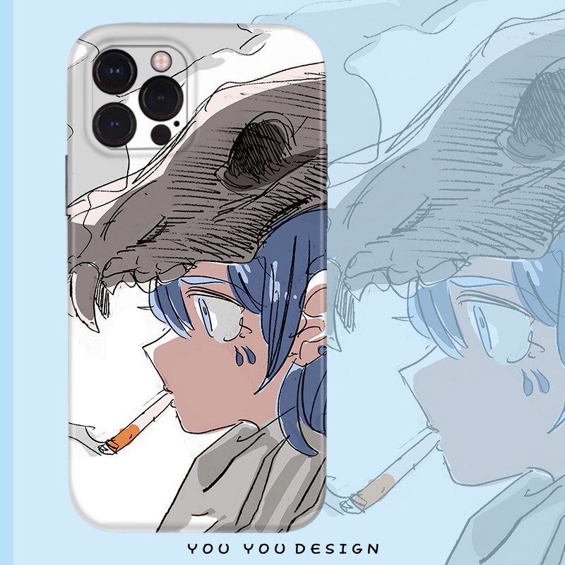 ins日系插画赛博朋克抽烟男孩适用于iphone13promax苹果14全包光面防