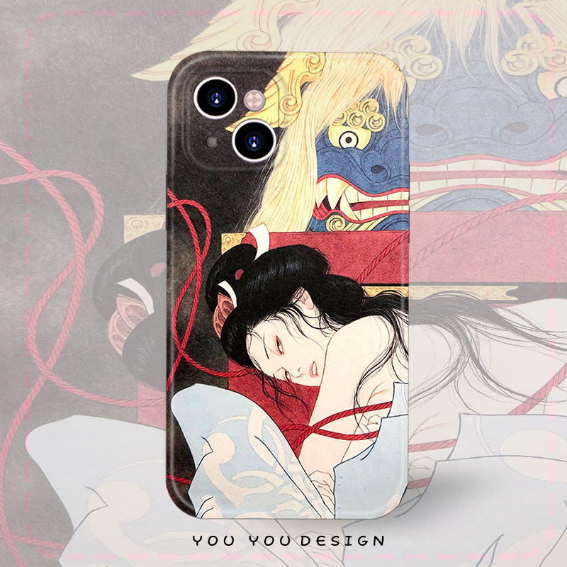 复古日式古风浮世绘恶魔少女适用于iPhone16promax苹果13全包14防摔华为mate70P小米15OPPOfindx8reno9手机壳