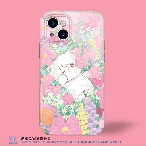 春日温柔可爱花丛mikko小猫咪适用iPhone17promaxIMD银边壳15opporeno12vivos30小米14菲林全包光面手机软壳