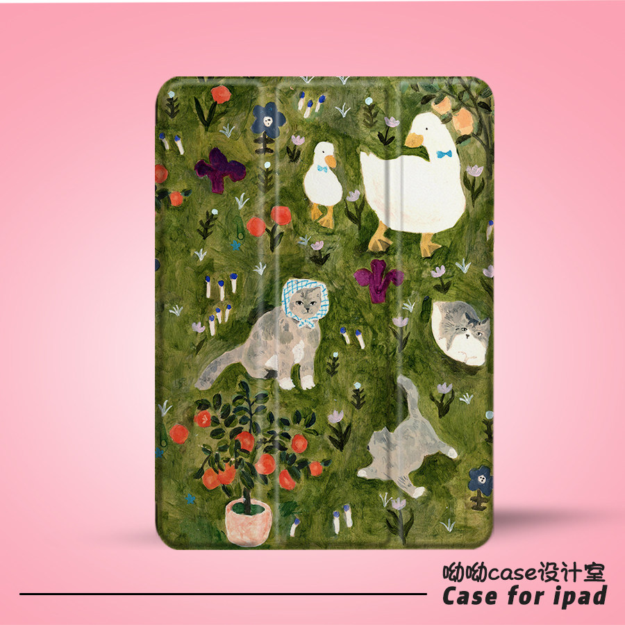复古插画美术生绿猫咪鸭子可爱适用iPad2021pro11保护套10.2带笔槽9.7寸2019平板10.5三折air4创意防摔苹果壳