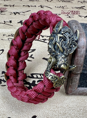 纯铜狼头五帝钱手链纯手工编织
