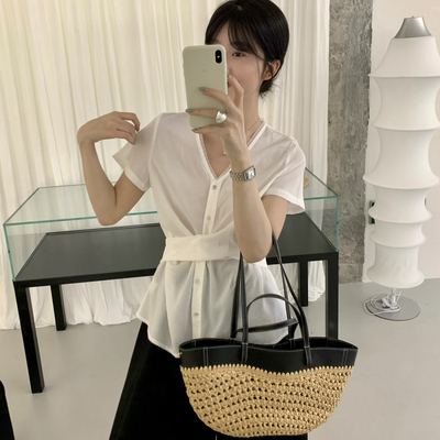 MZI STUDIO-万次夏季温柔收腰系带翻领单排扣小女人气质小衫