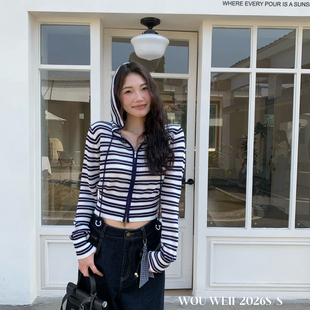 WOU WEII 無尾-约百搭显瘦条纹撞色连帽抽绳针织衫女针织衫