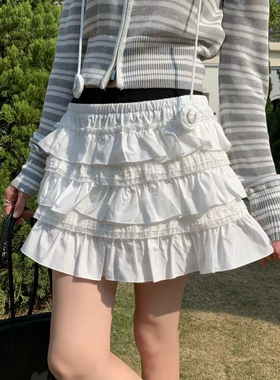 WOU WEII 無尾-春法式芭蕾风拼接蕾丝花边松紧腰短款半身裙