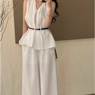 小衫 Miss V领无袖 配脖带 腰带 套装 Rao欣尧AOT 垂坠休闲裤