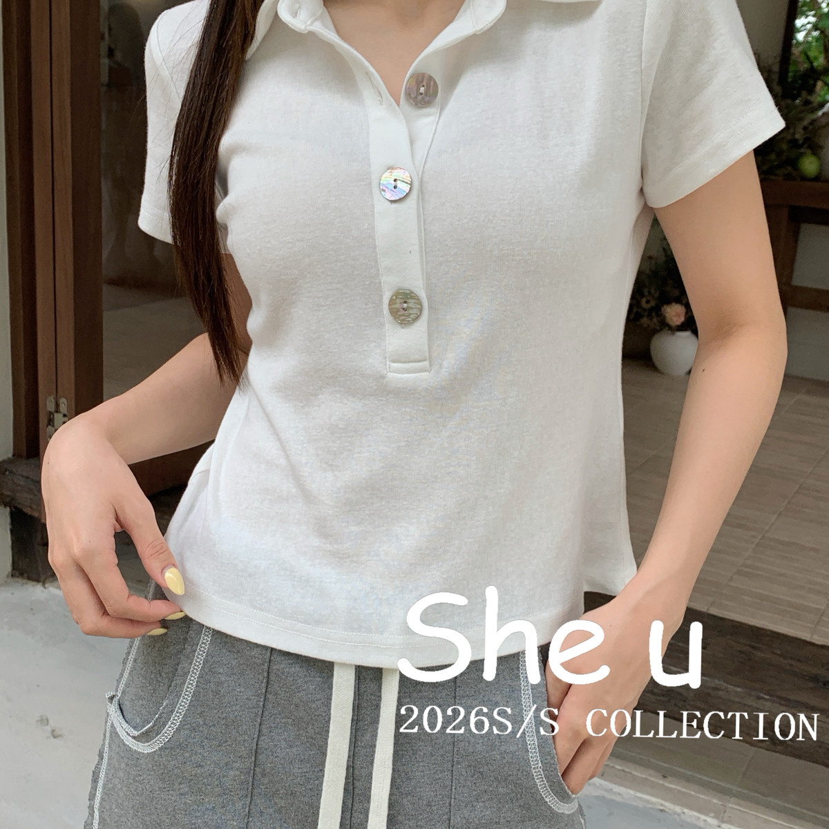 SHE U-olo领T恤彩色纽扣点缀夏日清爽修身短款上衣短袖T恤