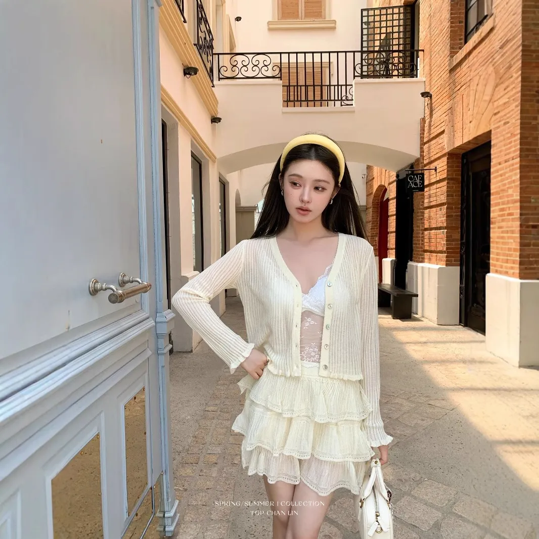 topchanlin 2025夏温柔风甜美V领花边竖条纹薄款外套防晒针织衫女