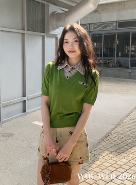 WOU WEII 無尾-院风miu系假两件POLO领通勤时尚短袖女针织衫