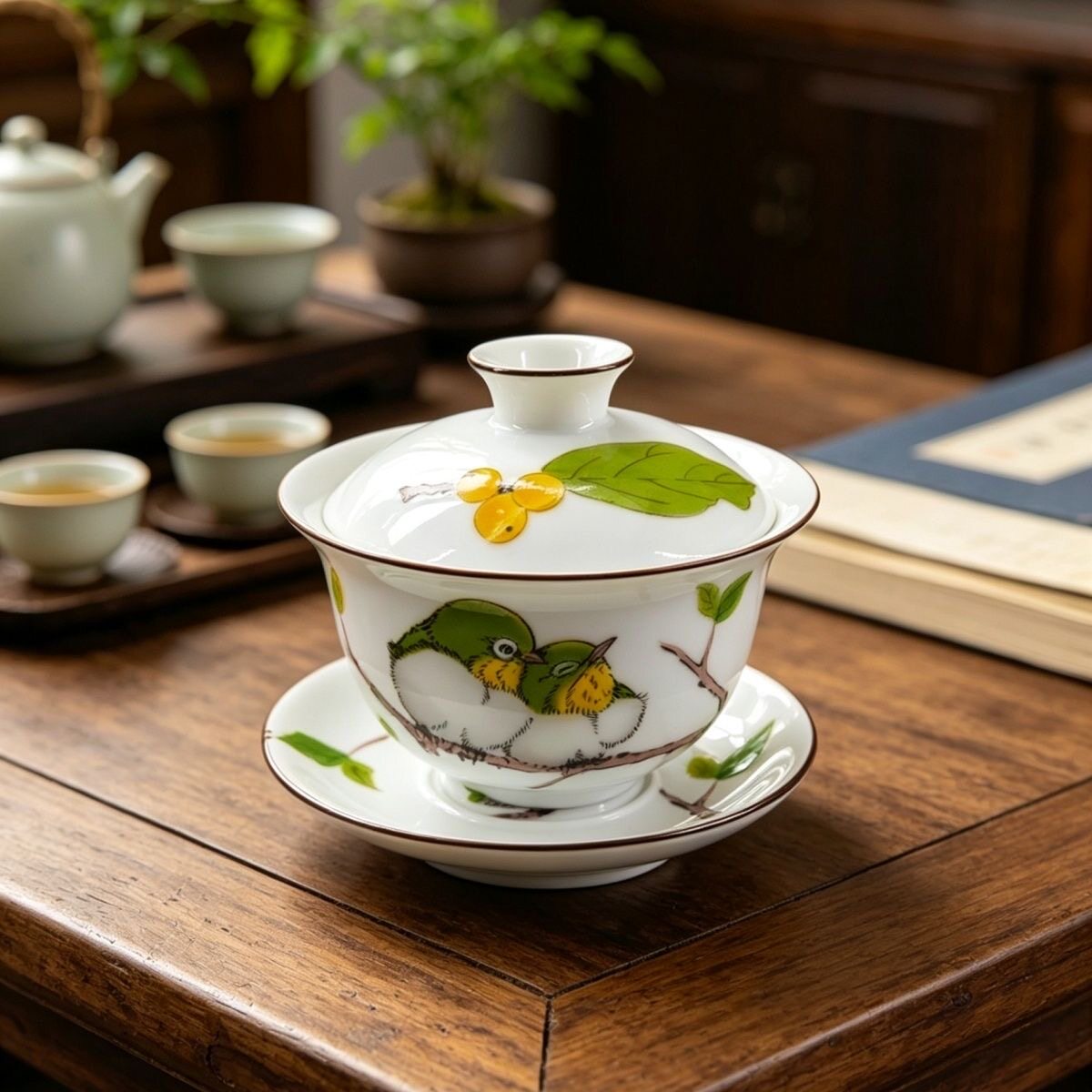 正品九谷晴明绿绣眼鸟三才盖碗盖杯日式茶杯日系釉下彩家用情侣杯