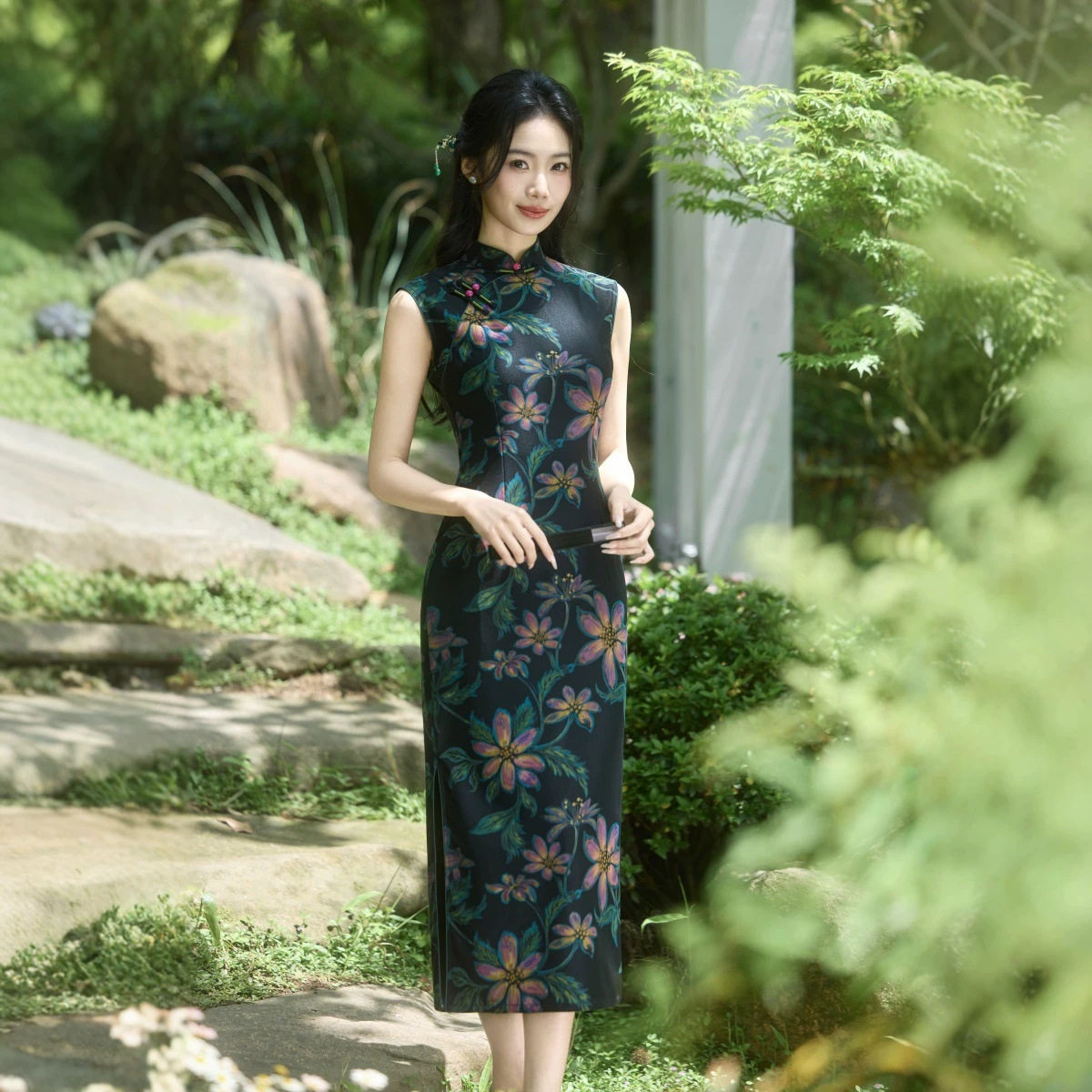 气质无袖旗袍夏季复古花卉印花中长款立领盘扣开衩显瘦日常连衣裙