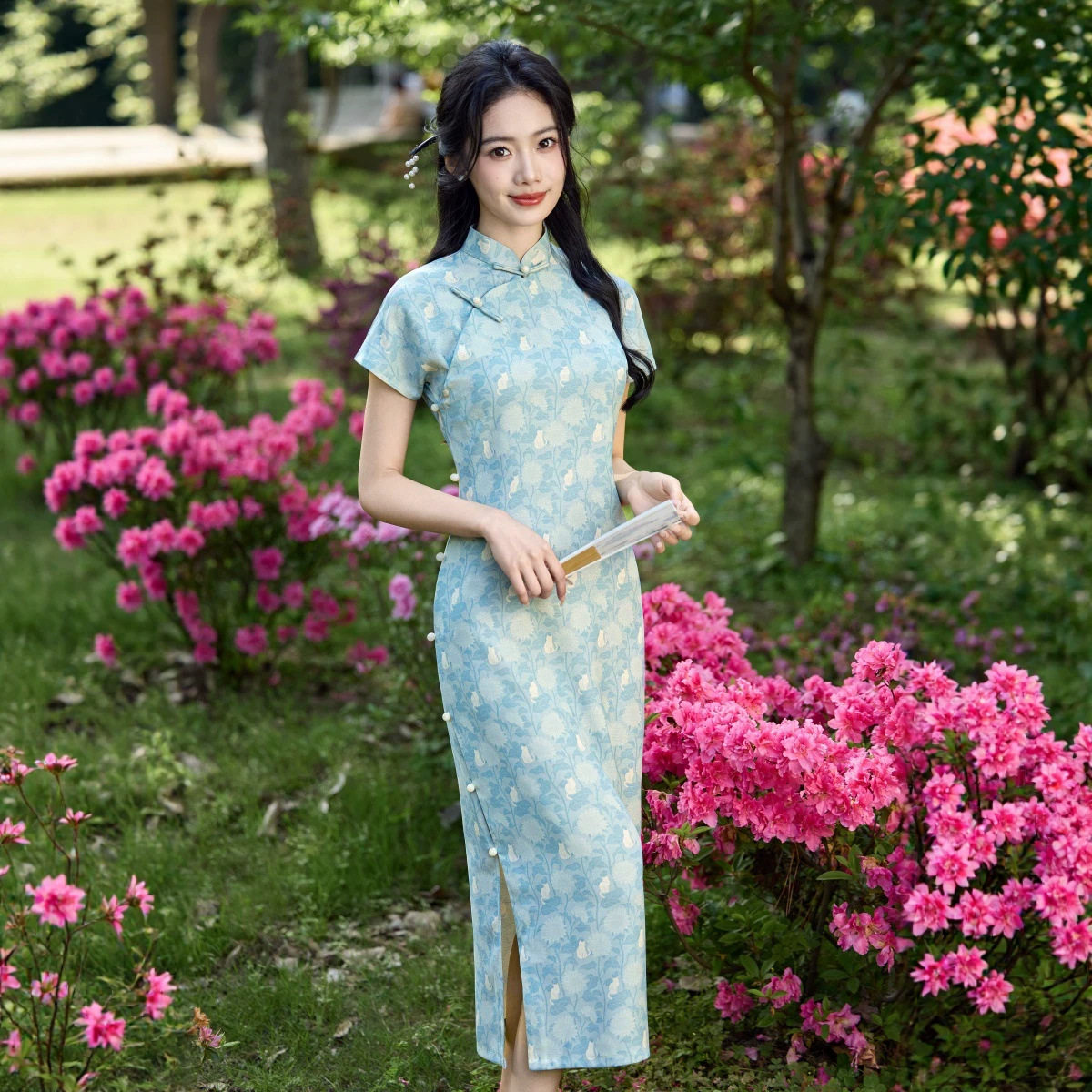 清新淡雅暗花短袖旗袍夏季新中式立领盘扣长款连衣裙日常出游女装