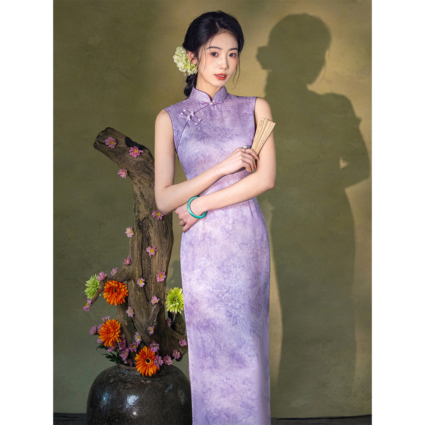 淡紫色提花无袖旗袍 复古民国风改良长款 温婉气质日常宴会连衣裙