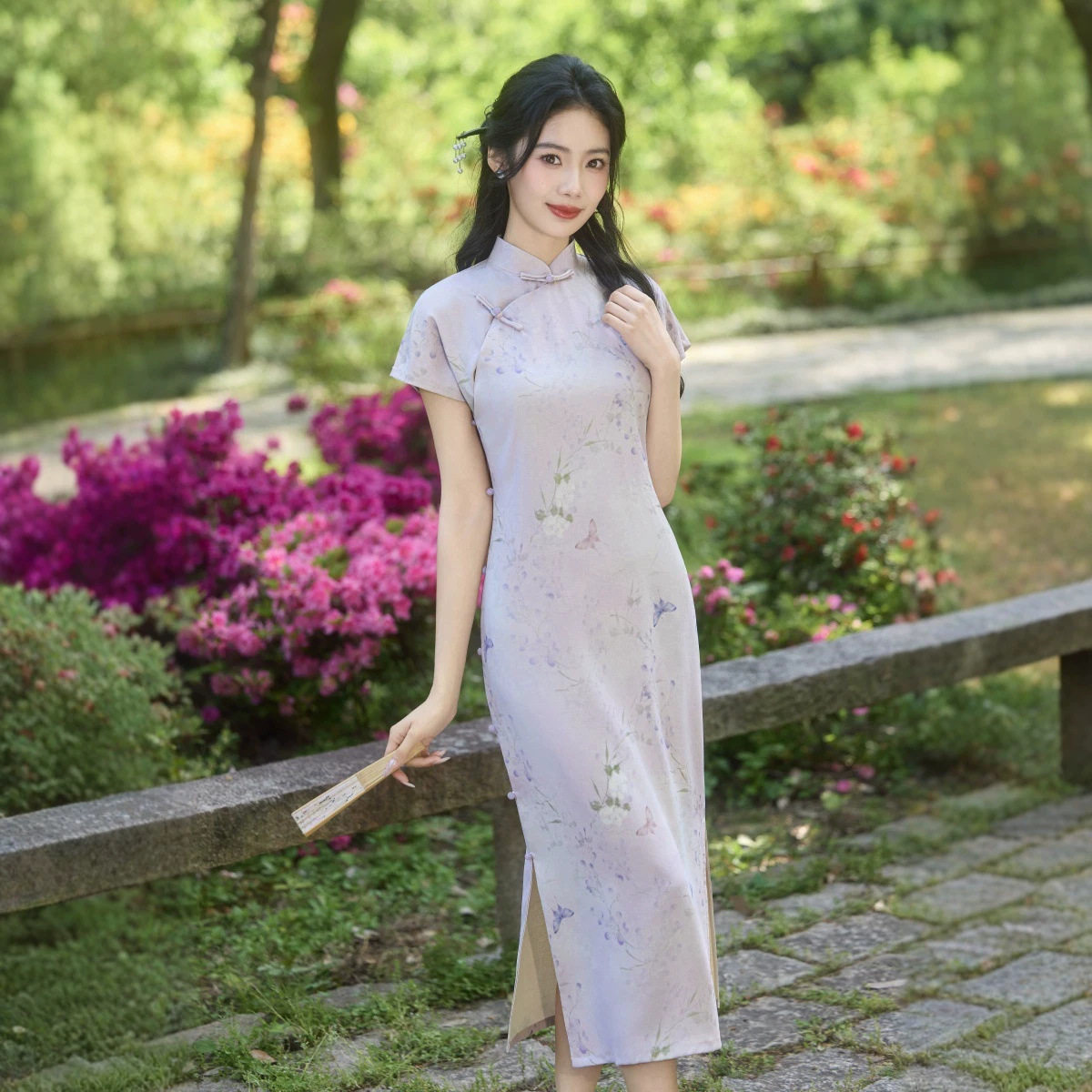 新中式短袖改良旗袍淡雅水墨花卉立领盘扣收腰显瘦开叉长款连衣裙