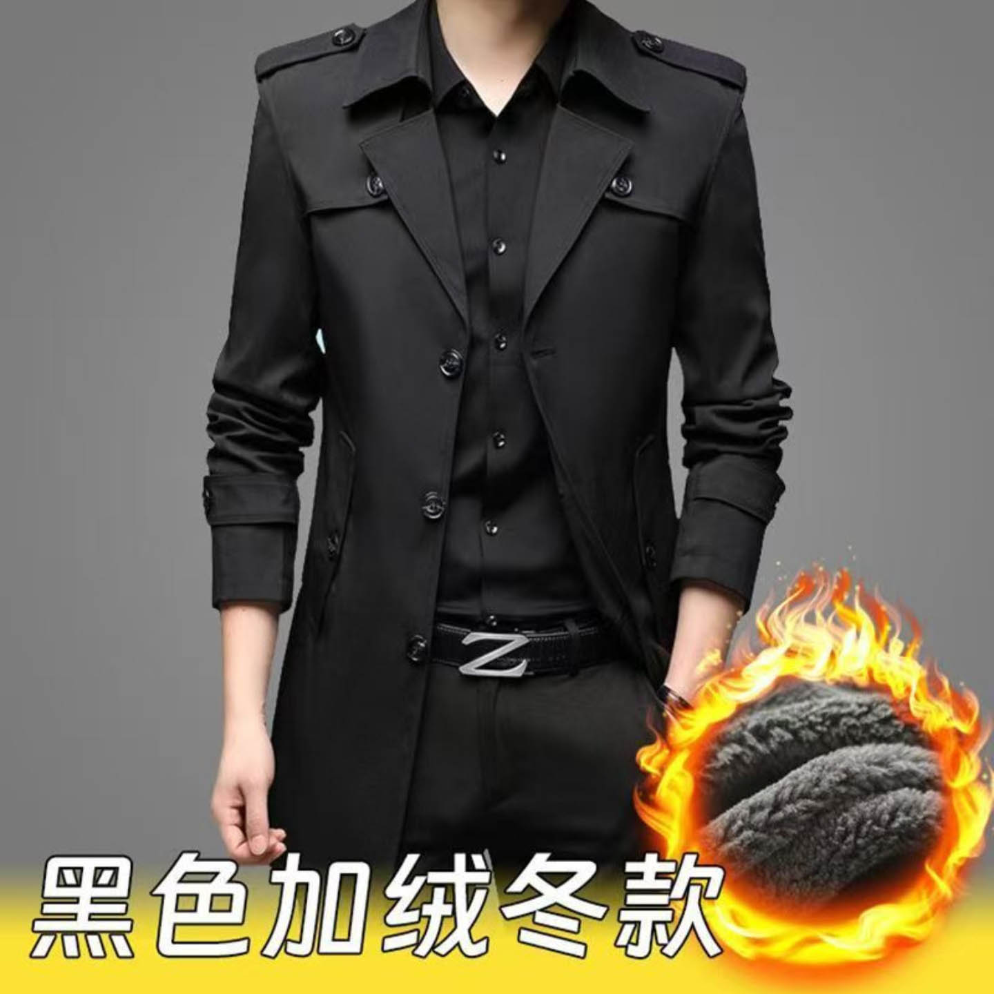 玟若大牌男装旗舰店男士高档风衣中长款商务休闲翻领加绒夹克外套