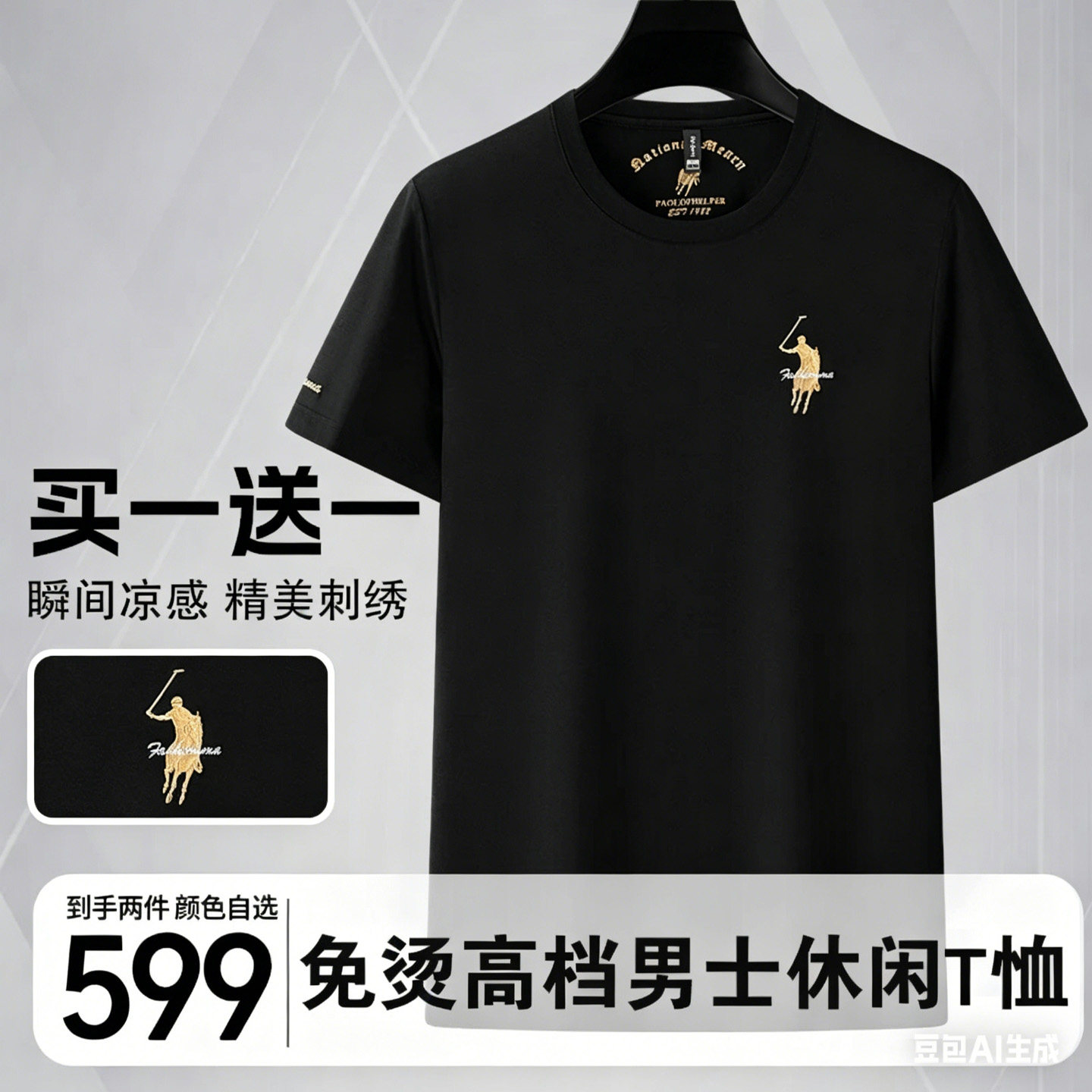 雪溪男装免烫高档男士休闲T恤衫丝光棉夏季薄款圆领刺绣短袖上衣