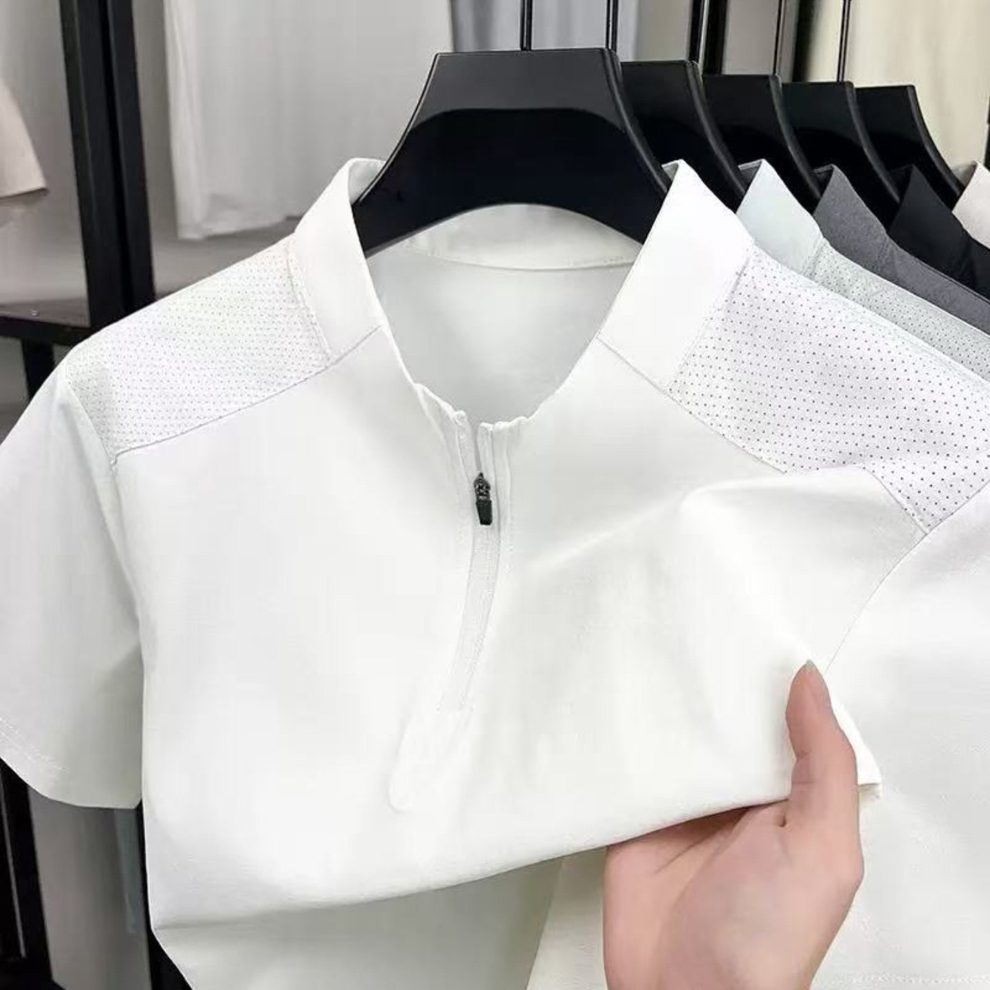 云霄县玟若百货店男装男士POLO衫2026新款夏季速干拼接拉链款短袖